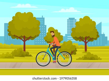 Cyclist on bike rides on track. Landscape of urban city park with male character riding bike. Cityscape with roadway. Sportsman with transport on road. Road against background of modern park