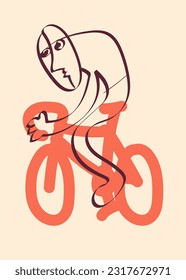 cyclist on a bike.promitive drawing.  hand drawn cycling event poster. abstract style vector illustration