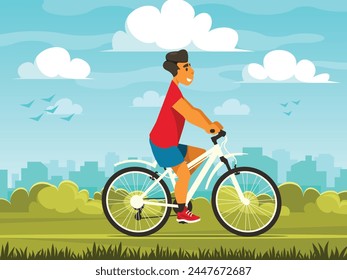 Ciclista en el fondo de la ciudad. Ciclista montando una bicicleta. Un hombre viaja en bicicleta. Fondo de la naturaleza con paisaje urbano. Parque de la ciudad en el fondo del distrito de negocios. Vector gráfico