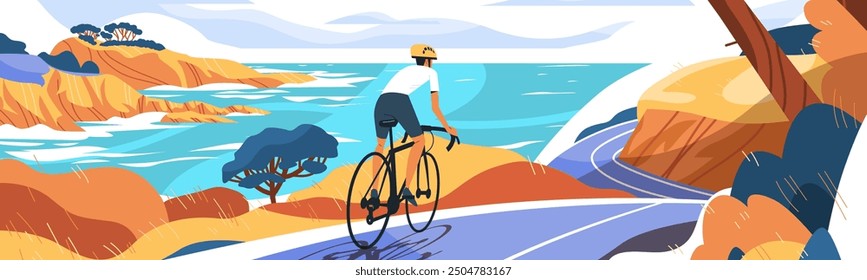 Cyclist on coastal road vibrant landscape scene. Person biking on winding path overlooking ocean cliffs blue waters colorful hills trees