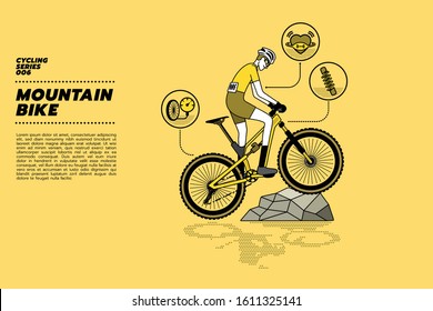 A cyclist on a modern full suspension mountain bike (MTB) climbing on a rock with heart rate and suspension shock absorber icons