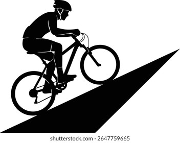 Cyclist on a mountain bike riding up a gentle slope, silhouette style, no background