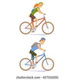 Cyclist on mountain bike set. People riding bicycle. Man and woman. Couple journey. Cartoon character vector illustration. Cycle weekend getaway trip. Holiday outdoor leisure