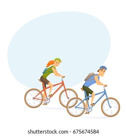 Cyclist on mountain bike set. Couple riding bicycle cartoon character vector illustration. Holiday outdoor leisure