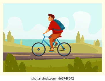 A cyclist on a nature background. Forest, river. Summer. Vector illustration. Character. Transport