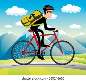 Cyclist on a red bicycle.
