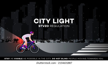 Cyclist on the road with bicycle light. Educational vector illustration. STVZO regulation. Safe night commuting.
