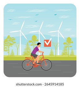 A cyclist on a road surrounded by wind turbines and trees, symbolizing sustainable living and eco-friendly transportation. Sustainable energy concept.