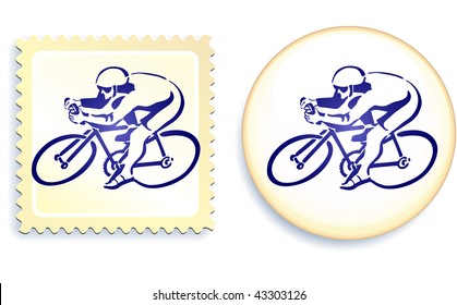 Cyclist on Stamp and Button Set Original Vector Illustration Stamp and Button Set