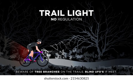 Cyclist on the trail with bicycle light. Educational vector illustration. Safe night riding in the forest.