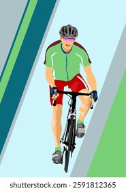 Cyclist pedaling on a road bike during a competition, wearing helmet and sportswear. Hand drawn Illustration