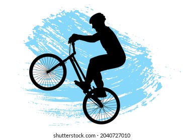 Cyclist performs stunt  front pull on bicycle. Silhouette of man and bike. Brush stroke. Vector illustration