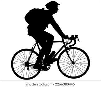 A cyclist in a protective helmet rides a bicycle with a backpack. Cyclist on a bicycle in motion. A ride on the bicycle. A man, a guy with a bike. Side view. Black silhouette of a man on a white