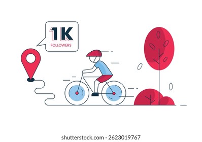 A cyclist pushes uphill toward a 1K followers sign, symbolizing the hustle, momentum, and dedication in social media growth.