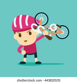 cyclist racer with bicycle lifted above him