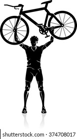 Cyclist Racer Lifting his Bicycle