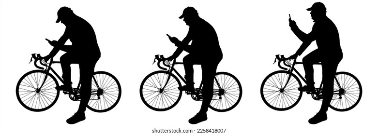 A cyclist reads, writes messages on his mobile phone, and takes pictures of himself while sitting on a bicycle. A guy in a cap sits on a bicycle frame. Three black male silhouettes isolated on white	