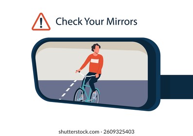 Cyclist in the rear view mirror of a car. Vector illustration.