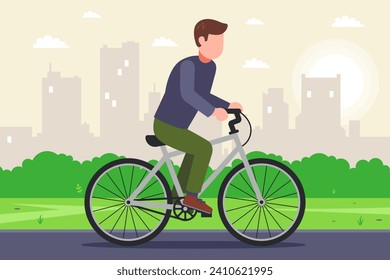 a cyclist rides along the road in the city. flat vector illustration.