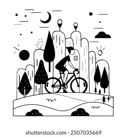 A cyclist rides a bicycle along the forest. Hand-drawn vector illustration.