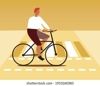 The cyclist rides a bicycle in the city. Flat vector stock illustration. Traffic rules for cycling. Bicycle as transport in the city. Pedestrian crossing rules. Cyclist rides a bike. Vector graphics