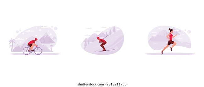 A cyclist rides a bicycle fast. Young ski athlete practising skis for competition. Female runner running over the desert. Trend Modern vector flat illustration.