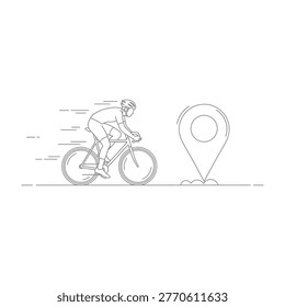 A cyclist rides a bicycle near a map pin location, symbolizing navigation and adventure. The scene conveys a sense of freedom and exploration, perfect for travel and sports-related projects.