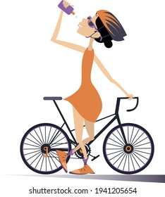 Cyclist rides a bike and drinks water isolated illustration. Cartoon cyclist woman in helmet stands with a bike and drinks beverage isolated on white illustration