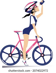 Cyclist rides a bike and drinks water isolated illustration. Cartoon cyclist woman in helmet and sunglasses stands with a bike and drinks beverage isolated on white illustration