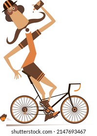 Cyclist rides a bike and drinks water illustration. 
Cartoon long mustache man in helmet rides a bike and drinks beverage isolated on white background
