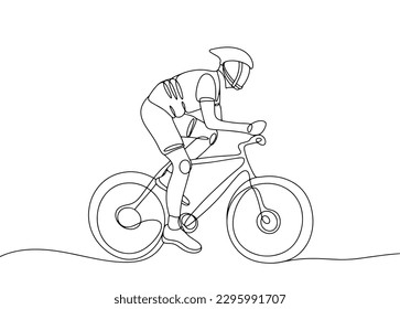The cyclist rides a bike. Guy in a protective helmet. World Bicycle Day. One line drawing for different uses. Vector illustration.