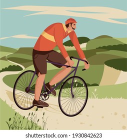 A cyclist rides a bike on a road among the hills. Participant of the Tour de France. Cycling. Race. Vector illustration.