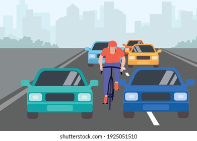 The cyclist rides on the highway. A man on a bicycle in a helmet and sportswear rides on the road between cars. Traffic rules for cyclists. Highway. Flat vector illustration.