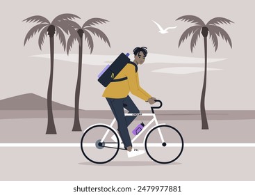 A cyclist rides through a scenic palm tree lined path with a backpack on their back, enjoying a sunset ride