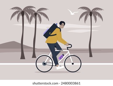 A cyclist rides through a scenic palm tree lined path with a backpack on their back, enjoying a sunset ride