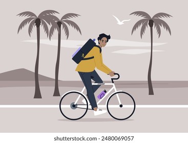 A cyclist rides through a scenic palm tree lined path with a backpack on their back, enjoying a sunset ride