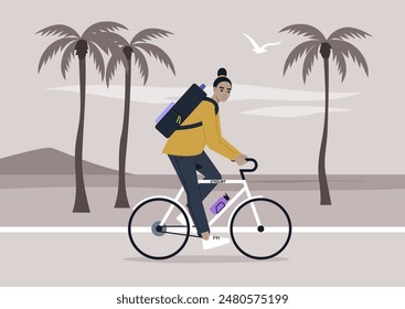 A cyclist rides through a scenic palm tree lined path with a backpack on their back, enjoying a sunset ride - Powered by Shutterstock - Get 15% off with code: PIKWIZARD15