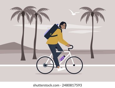 A cyclist rides through a scenic palm tree lined path with a backpack on their back, enjoying a sunset ride