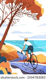 Cyclist riding along coastal road scenic landscape. A person on a bicycle pedals through a winding path by the sea surrounded by vibrant nature and trees. Digital art for posters and prints