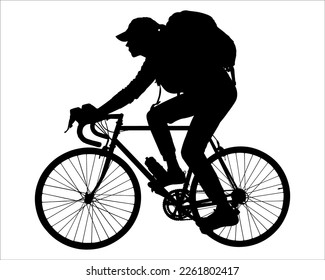Cyclist riding bicycles with a backpack on her back. Cyclist riding a bike in motion. Cycling. Woman, a girl with a bicycle. Side view, profile. Black female silhouette isolated on white background	