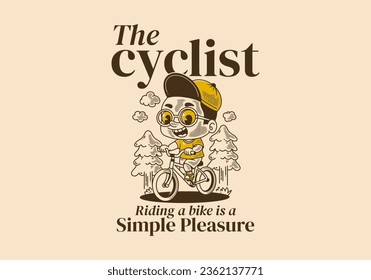 El ciclista, montar en bicicleta es un simple placer. ilustración de un niño en bicicleta, pinos, estilo retro