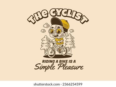 The cyclist, riding a bike is a simple pleasure. illustration of A boy riding bicycle, pine trees, retro style