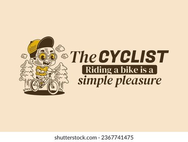 El ciclista, montar en bicicleta es un simple placer. ilustración de un niño en bicicleta, pinos, estilo retro