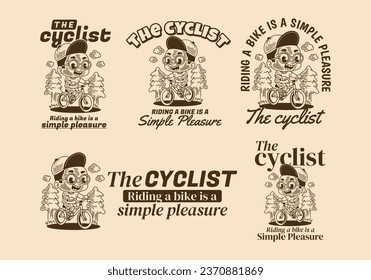 El ciclista, montar en bicicleta es un simple placer. ilustración de un niño en bicicleta, pinos, estilo retro