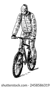 Cyclist riding bike,one teenager, schoolboy,biking, casual active sports city dweller, sketch, vector hand drawing isolated on white