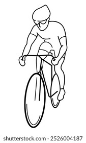 Cyclist riding his bike and wearing a helmet and sunglasses. Vector outline icon isolated on white background. Biker, sport, exercise.