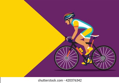 cyclist riding at night with a flashlight on. vector illustration