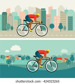 cyclist riding on bicycle on city and countryside, vector poster