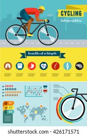 cyclist riding on bicycle, vector infographics, poster, icon set