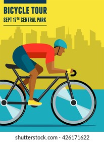 cyclist riding on bicycle, vector infographics, poster, icon set